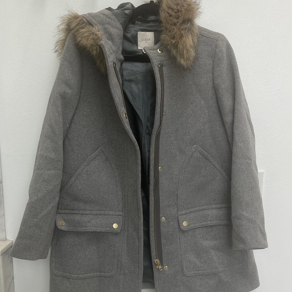 J. Crew Charcoal Utility Jacket with Faux Fur Trim